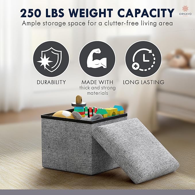 Ornavo Home Small Storage Ottoman Foldable Collapsible Cube Square Linen Ottoman Foot Rest Stool Seat, for Living Room, Bedroom, Home Office, Dorm - 12 x 12 x 12, Gray