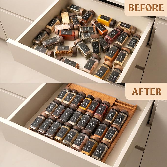 Spice Drawer Organizer - Expandable Spice Rack for Drawer, Black Seasoning Organizer for Drawer Spice Organizer, Spice Organization Seasoning rack insert for Cabinet (Jars Not Included)