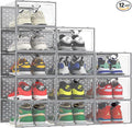 Pinkpum XXL Shoe Storage Box Fit for Size 14, Clear Plastic Stackable Shoe Organizer for Closet 12 Pack, Shoe Containers Sneaker Storage Grey