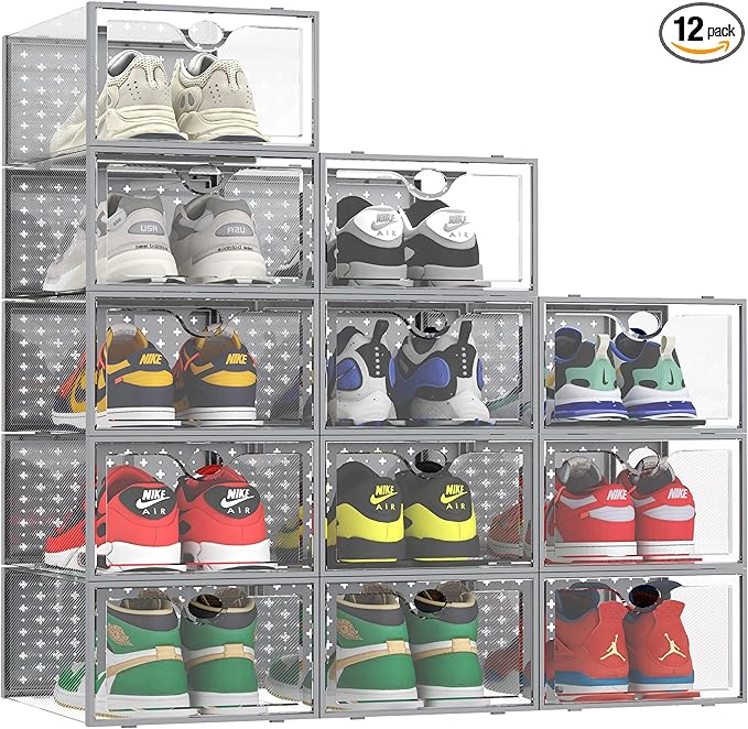 Pinkpum XXL Shoe Storage Box Fit for Size 14, Clear Plastic Stackable Shoe Organizer for Closet 12 Pack, Shoe Containers Sneaker Storage Grey