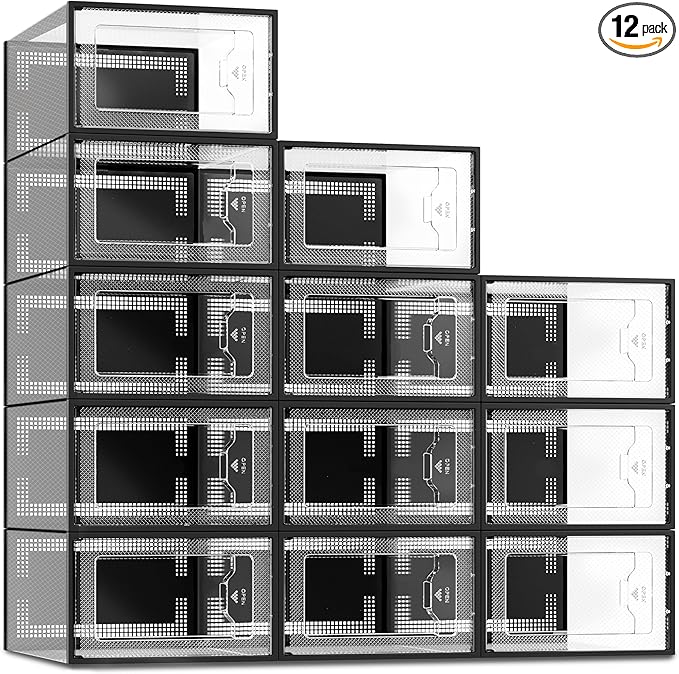 SEE SPRING X-Large Black Modern Plastic Shoe Box, 12 Pack, Clear Front Door, Stackable, Foldable, Ventilated, Fits US Size 11, 13.2''L9.1''W7.3''H Inch, 655.65 Cubic Inches, Already Assembled
