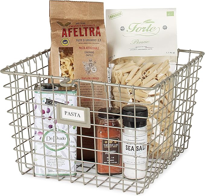 Spectrum Medium Wire Basket with Label Plate Satin Nickel Storage Basket Bin Organizer for Kitchen Pantry Cabinet, Sturdy Steel Heavy Duty Kitchen Wire Basket Storage Bins for Pantry Organization