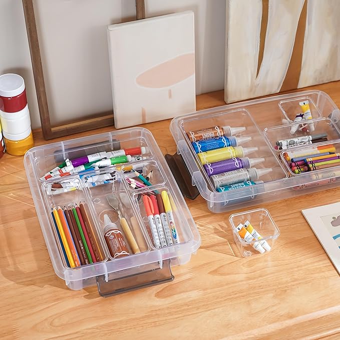 Citylife 4PCS Plastic Storage Bins with Organizer Tray, Stackable Clear File Box, Versatile Craft Storage for Office, Kitchen, Bathroom and School Supplies, 24-pack