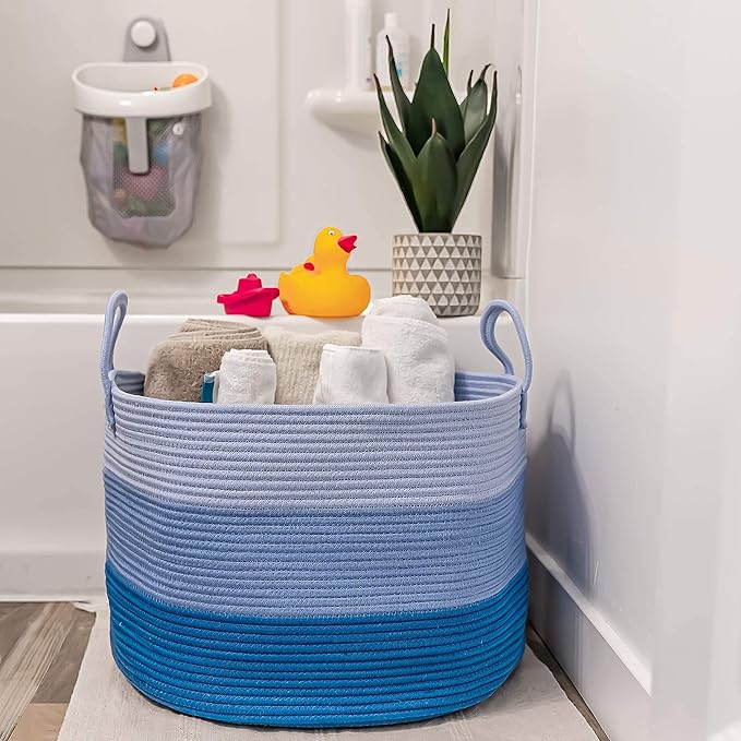 OrganiHaus Large Woven Storage Basket for Blankets and Toys 20" x 13" Inch, Rope Laundry Basket with Handles, Cushions & Pillows Storage Bin, Nursery Hamper, Soft Round Dog Toy Bin - Blue