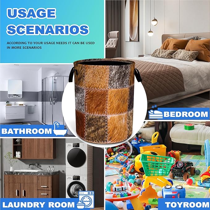 Faux Cowhide Patchwork Pattern Laundry Basket Oxford Cloth Funny Texture Laundry Hamper With Handle Foldable Portable Clothes Storage Basket 18.9 X 16.5 Storage Bag For Laundry Room/Bathroom/Bedroom