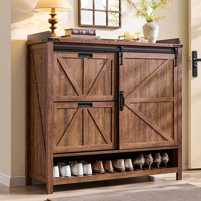OKD Shoe Storage Cabinet with 2 Flip Drawers & Sliding Door, Farmhouse Entryway Shoe Organizer, Freestanding Rustic Hidden Shoe Rack Cabinet for Entryway, Reclaimed Barnwood