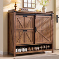 OKD Shoe Storage Cabinet with 2 Flip Drawers & Sliding Door, Farmhouse Entryway Shoe Organizer, Freestanding Rustic Hidden Shoe Rack Cabinet for Entryway, Reclaimed Barnwood