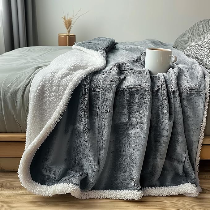 Waterproof Queen Size Blanket - Sherpa Fleece Reversible Throw, Soft Warm Leak-Proof Bed & Couch Protector for Kids, Pets & Everyday Spills (Velvet Gray/Cloud White, Queen 90x90)