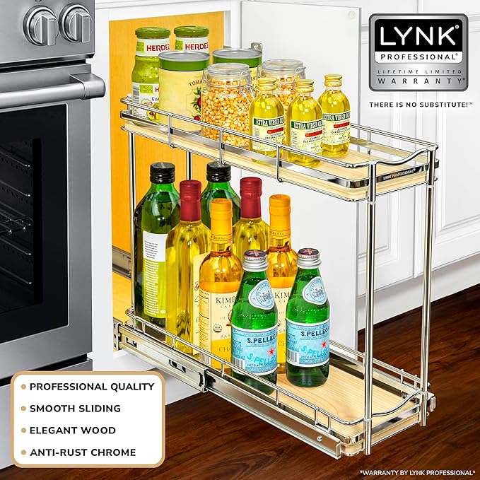 LYNK PROFESSIONAL® Élite™ Pull Out Spice Rack Organizer for Inside Kitchen Cabinets - 6" x 21" - Slide Out Drawer – Wood/Chrome Sliding Spice Organization for cabinet - Spice Racks - 2 Tier