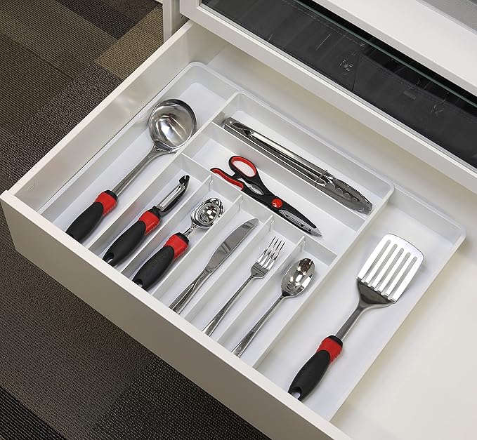 Simple Houseware Expandable & Adjustable Cutlery Drawer Organizer - Large Utensil and Flatware Tray for Kitchen Drawers, White