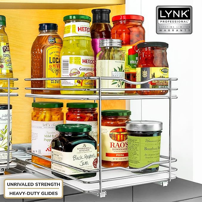 LYNK PROFESSIONAL® Pull Out Spice Rack Organizer for Inside Kitchen Cabinets - 8-3/8 inch Wide - Slide Out Drawer – Chrome Sliding Spice Organization for cabinet - Spice Racks - 2 Tier