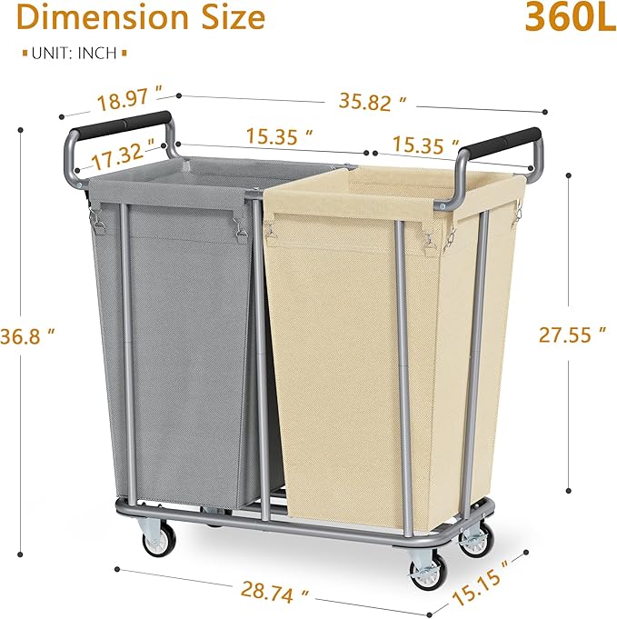 Large laundry hamper with Wheels, 2 Bag 360L Big Rolling Laundry Basket Sorter Cart, Extra Large Laundry Clothes Hamper, Heavy Duty Laundry Basket Organizer for Laundry Room,Bathroom
