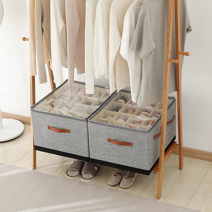 Shoe Organizer for Closet, Foldable Large Shoe Storage Box with Clear Cover, Removable Partitions and Bottom are Supported by Plastic Boards (Grey-Black, 20.5“Lx16.9 Wx13'H)
