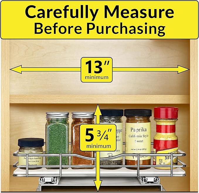 LYNK PROFESSIONAL® Pull Out Spice Rack Organizer for Inside Kitchen Cabinets - 12-3/8 inch Wide - Slide Out Drawer – Chrome Sliding Spice Organization for cabinet - Spice Racks - 1 Tier