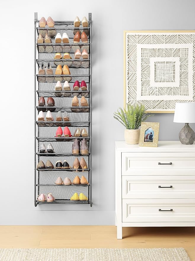 Whitmor 36 Pair Over The Door Shoe Rack, 12 Tier Hanging Shoe Organizer, Heavy Duty Metal & Mesh Shoe Holder, Hanging Shoe Rack for Closet Organizer & Storage, 69" L x 21.7" W x 7.5" H, White
