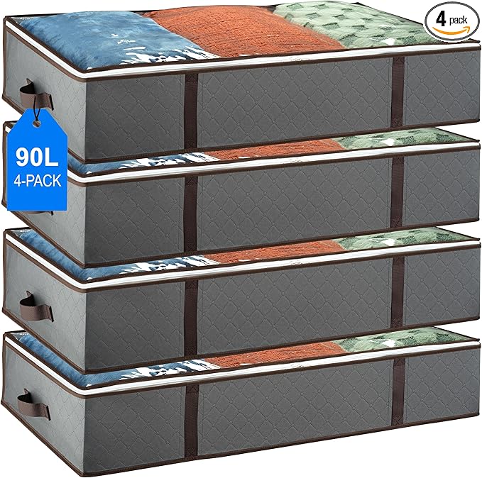 Underbed Storage Bags 4-Pack - Foldable Under Bed Storage Organizer for Clothes, Bedroom Blankets, Comforter, Pillows, Linen Sheets, Towels, Sweaters, Shoe Drawers - Ideal for College Dorms (Grey)