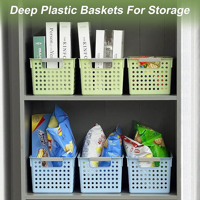 Soddeph 4 Pack Plastic Storage Basket with Handles, Small Deep Organizer Bin with Hollow Design for Under Counter, Shelf, Closet, Kitchen or Bathroom (Blue, Small)