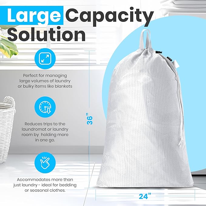 Large Mesh Laundry Bags - Heavy Duty with Handles & Drawstring - Machine Washable Net Laundry Sacks for College Dorm, Camp, Travel, Bedding & Clothes Storage (White)