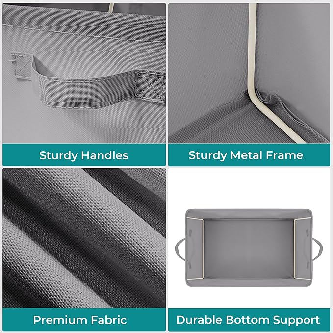 Storage Basket Bins with Metal Frame, Large Collapsible Fabric Storage Baskets for Organizing Shelf, Basket Organizer W/Handles for Blankets, Towels, Laundry, Shelves, 18-Pack, Grey