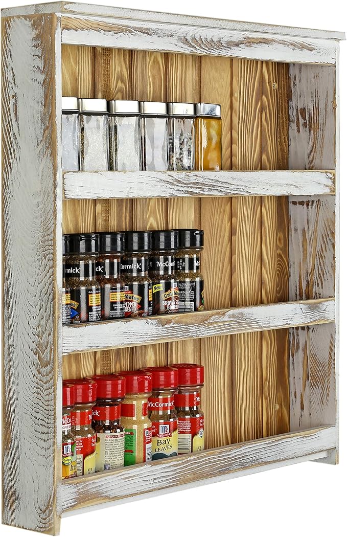 MyGift 3 Tier Spice Rack Wall Mount, Hanging Kitchen Pantry Storage Shelf for Seasoning Jars or Condiment Bottles, Shabby White Washed and Rustic Natural Burnt Solid Wood