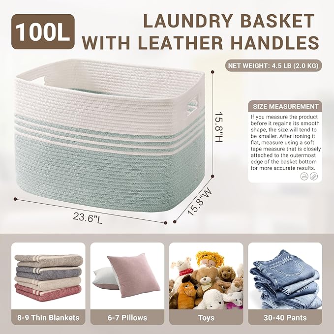 100L Extra Large Laundry Basket for Living Room Storage,Woven Rope Baskets for Blanket,Kids Toy,Gifts,Wicker Hamper for Bedroom Dirty Clothes,24"x16"x16" White Green