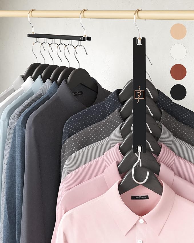 MORALVE Space Saving Hangers for Closet – 4 Pack European Beechwood 6-Tier Shirt Organizer with 360° Swivel Hook – Collapsible Clothes Hanger for Closet Organization (Hangers Not Included)