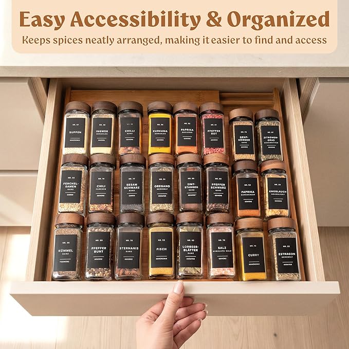 Spice Drawer Organizer - Expandable Spice Rack for Drawer, Black Seasoning Organizer for Drawer Spice Organizer, Spice Organization Seasoning rack insert for Cabinet (Jars Not Included)