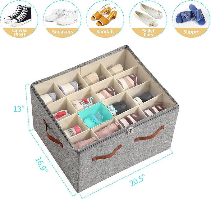 Shoe Organizer for Closet, Foldable Large Shoe Storage Bins with Clear Cover, Removable Partitions and Bottom are Supported by Plastic Boards (Grey, 20.5“Lx16.9 Wx13'H)