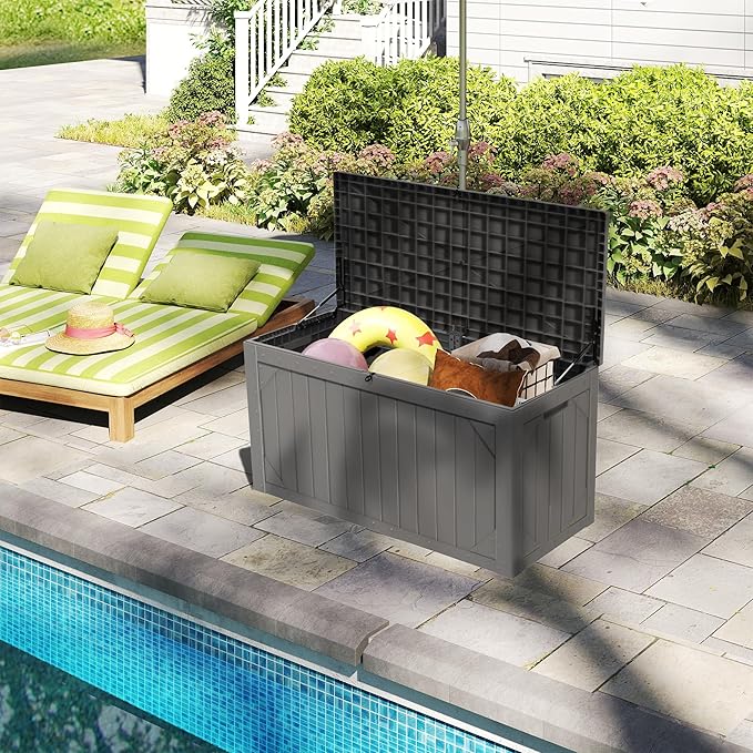 Outdoor Storage Box Waterproof, 100 Gallon Lockable Resin Deck Box Patio Storage Bin for Pool Accessories Cushion Furniture, Garden Tools, UV-Resistant Outside Delivery, Grey