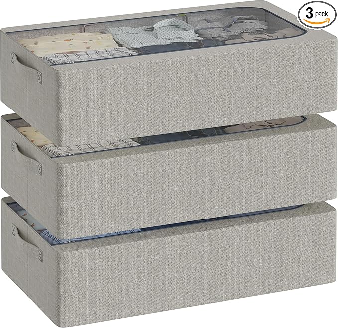 Under Bed Storage Bins with Metal Frame, Linen Fabric Frame Storage Box Clothes Organizer Bins, Underbed Container with Clear Window (Light Grey, 15.7 x 13 x 6IN)