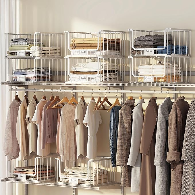 3-Tier Stackable Closet Organizers and Storage, Clothes Shelf Organizer, Foldable Wire Basket Bins, Sweater Storage for Closet and Pantry,11.8" D x 15.7" W, White