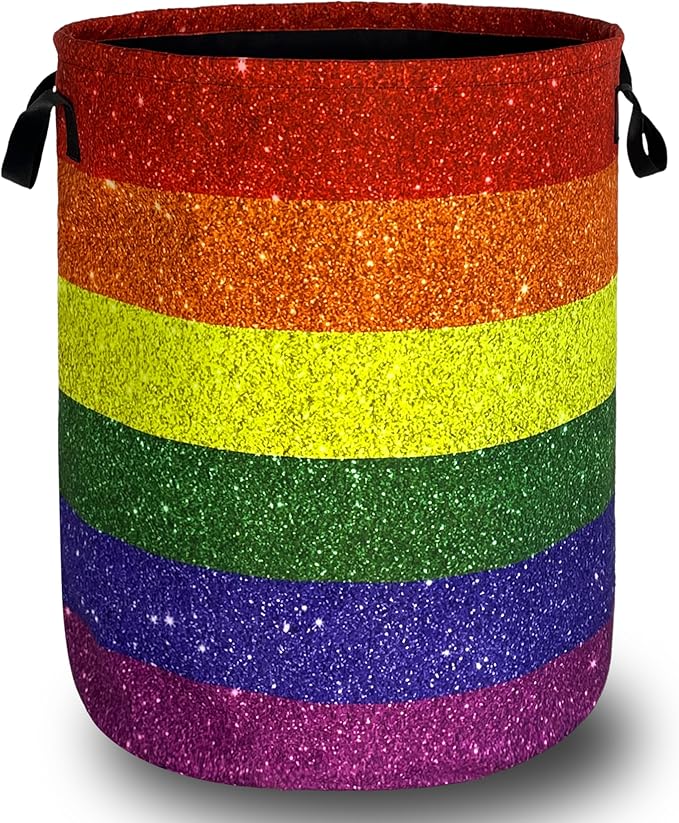Shiny Rainbow Printed Laundry Basket Gay Funny Laundry Hamper Foldable Oxford Cloth Colorful Tote Bag Clothes Toy Storage Bucket 18.9" x 16.5" For Bathroom/Laundry Storage/Bedroom