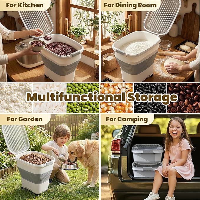 25-40Lbs Rice Container,Collapsible Food Storage Containers with Airtight Clear Lid,Wheels,Rice Storage Container with Small Bin and Scoop,Rice Dispenser for Flour Sugar Cereal Grain Dog Cat