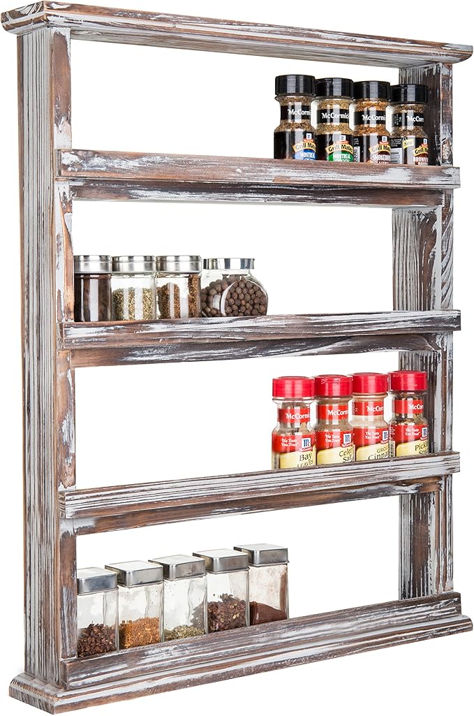 MyGift Wooden Spice Rack Wall Mount, Hanging 4 Tier Seasoning Jar Shelf Organizer, Condiment Storage for Kitchen, Pantry, Large Spice Organization, Vintage Rustic Torched