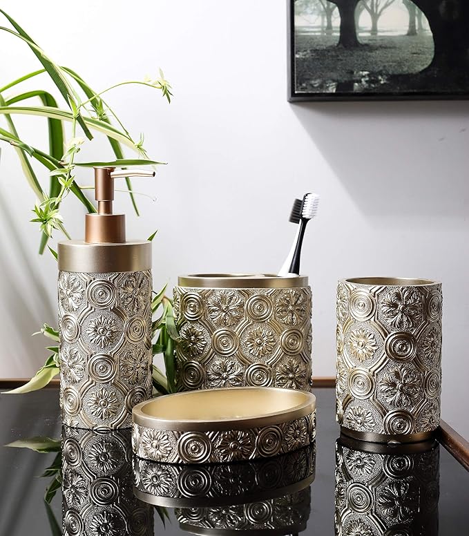 Hymmah Bathroom Accessories Set,Golden Design Toothbrush Holder,Farmhouse Bathroom Decor,4 Pcs Resin Gift Set Apartment Necessities, Contain Toothbrush Cup,Soap Dispenser,Soap Dish,Tumbler