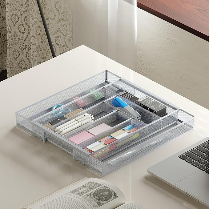 Silverware Organizer Metal Mesh, Large Drawer Organizer, Utensil Cutlery Tray for kitchen drawers, Expandable Flatware Organizer with 8 Compartment Silver 11.6"~20" x 17.3"