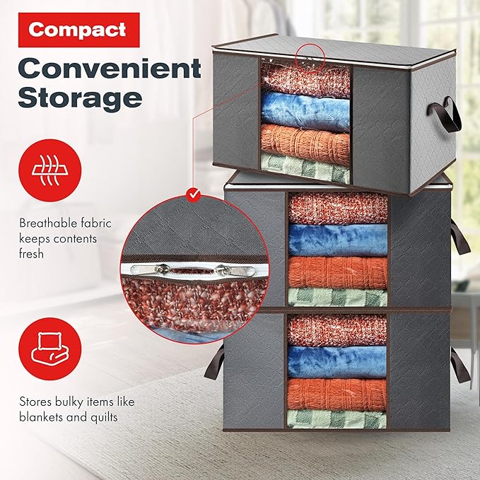 Masirs Storage Bags For Clothes - 6-Pack Collapsible Organizers for Blankets, Bedding & Clothes - Large 90L Zip Bags with Handles - Clear Durable Containers for Closet Organization (Grey)