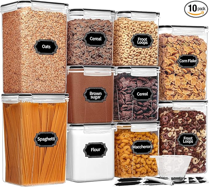 Skroam Large Airtight Food Storage Containers with Lids, 10 Pack Cereal Containers Storage Set - BPA Free Pantry Organizers and Storage for Flour, Sugar & Rice with Measuring Cup, Labels & Marker