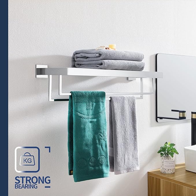 KOKOSIRI Bathroom Towel Shelf 20-Inch Chrome Towel Rack with Two Bath Towel Bars SUS304 Stainless Steel Wall Mounted, Polished Finish B6003CH-L20