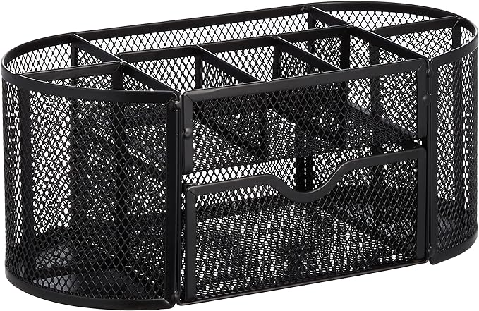 Amazon Basics Mesh Desk Organizer with Pen Holder, Pullout Drawer and Office Caddy Storage, 9.25" x 4.53" x 3.94", Black