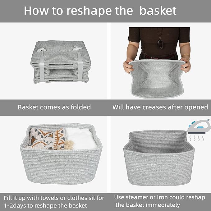 Cotton Rope storage Basket Bins Woven Basket for Organizing Shelves 15X10X9.3“ Rectangle Decorative Baskets For storage Clothes Toys Books Towels Square Wicker Nursery basket organizer 3 pack grey