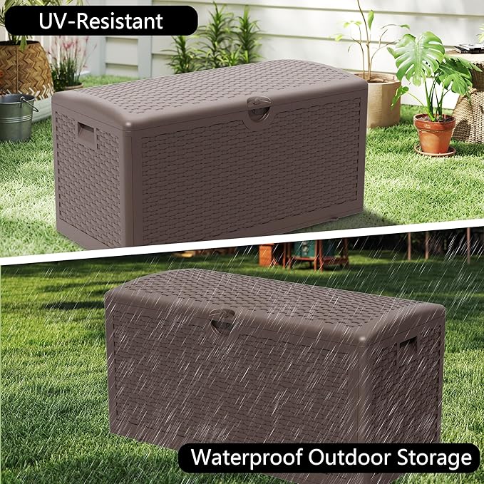Outdoor Storage Box Waterproof, 90 Gallon Pro Lockable Resin Deck Box Large, Patio Storage Bin for Pool Accessories Cushion Furniture, Garden Tools, UV-Resistant Outside Delivery Brown