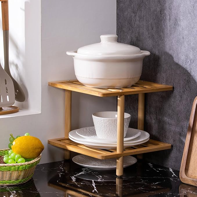 2Pcs 2-Tier Cabinet Organizer Shelf - Bamboo Corner Rack for Kitchen Counter, Cabinet Space Saver for Plates, Dishes, Bowls, Bread - Pantry and Bathroom Storage or Countertop (2, 6.7"H-Large)