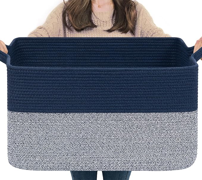 Goodpick Large Blanket Basket 22" x 17" x 12" Woven Storage Baskets for Organizing, Decorative Cotton Rope Basket for Living Room Home Decor, Toy Baskets for Kids, Mixed Blue