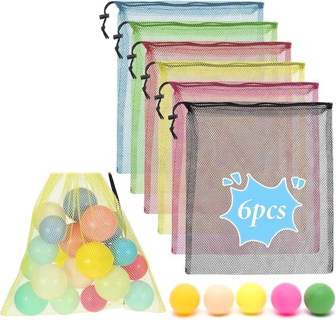 6 Pcs Mesh Bags Drawstring, Mesh Toy Storage Bags, Small Meshes Laundry Bag, Meshes Bag For Beach Toys for Pool Beach Ball Toys Storage for Collecting Travel Sports Gym(Multicolor)16 x 12 Inch