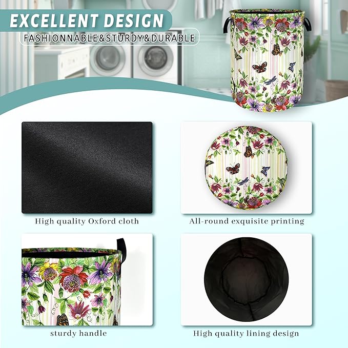 Beautiful Flowers Butterfly Laundry Basket Colorful Floral Laundry Hamper Foldable Oxford Cloth Cute Flower Tote Bag Clothes Toy Storage Bucket For Bathroom/Laundry Storage/Bedroom 18.9 x 16.5 Inch