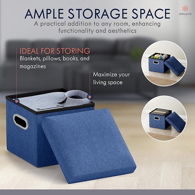 Ornavo Home 12 Inches Small Storage Ottoman with Handles, Foldable Collapsible Cube Square Linen Ottoman Foot Rest Stool Seat, for Living Room, Bedroom, Home Office, Dorm, Navy Blue