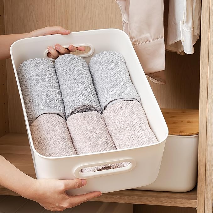 Citylife 4 PCS Storage Bins with Bamboo Lids Plastic Storage Containers for Organizing Stackable Storage Box with Handle, 15.12 x 10.67 x 5.98 inch