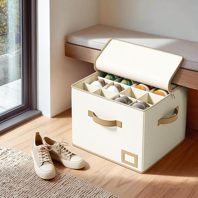 Vailando Shoe Organizer for Closet – Square Shoe Storage Box with Adjustable Dividers, Foldable Shoe Organizer for Shoes & Boots, Beige, 2-Pack, Large