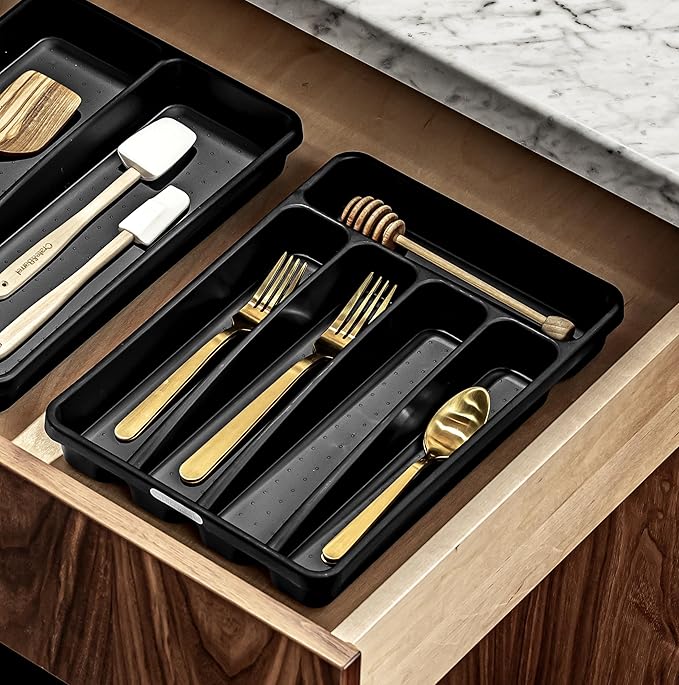 madesmart Small Silverware Tray, Compact 5 Compartment Flatware Organizer for Forks, Knives & Spoons, Non Slip, Soft Grip Lining, Fits Small Drawers, Black